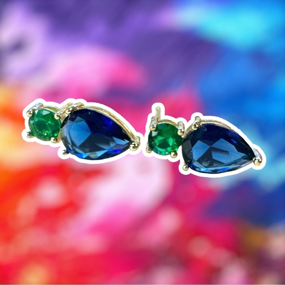 NEW Green & Blue Crystal CZ Goldtone Teardrop Stud Earrings - Picture 10 of 15